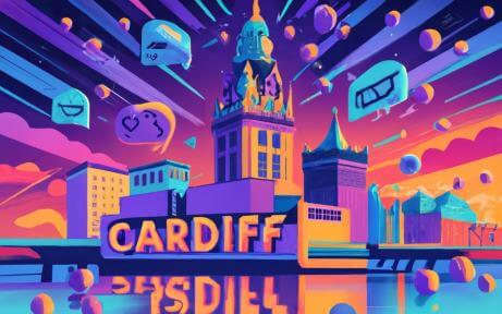 Colorful cityscape of Cardiff with bold lettering, inviting users to join Cardiff chat rooms for lively discussions and connection