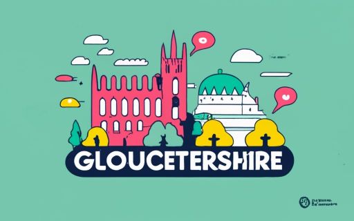 Illustration of Gloucestershire landmarks with chat bubbles, showcasing an online community where local people meet and interact on a virtual chat platform