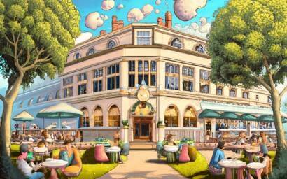 Cartoon-style depiction of Harrogate's Bettys Tea Room with community members engaged in virtual messaging and discussions