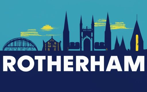 vibrant cityscape of Rotherham in various shades of blue, symbolizing the dynamic network of messaging and discussions in virtual chat rooms, complete with chatboxes, chatlogs, chatbots, and chatmates