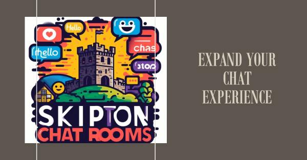 Cartoon-style Skipton Castle with vibrant chat bubbles, representing a virtual community where members socialize and interact through messaging