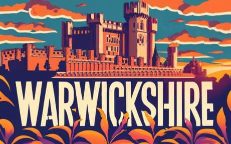 Cartoon depiction of Warwick Castle at sunset with 'Warwickshire Chat Rooms' written above, inviting users to join lively discussions