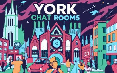 Cartoon-style depiction of York Minster with animated characters engaging in community chats, showcasing the social platform's vibrant chatbox and chatbot features